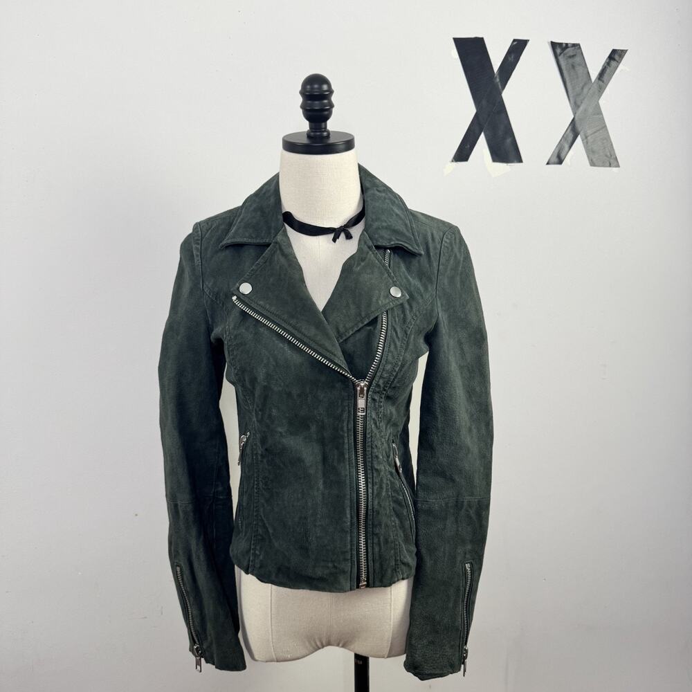 Vintage Y2K Green Suede Asymmetrical Moto Biker Jacket Cropped Indie XS